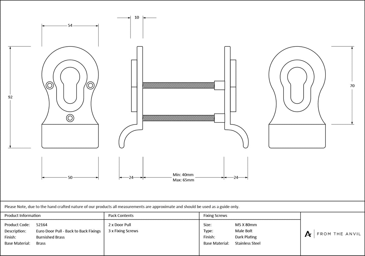50mm Euro Door Pull (Back to Back Fixings) by From The Anvil