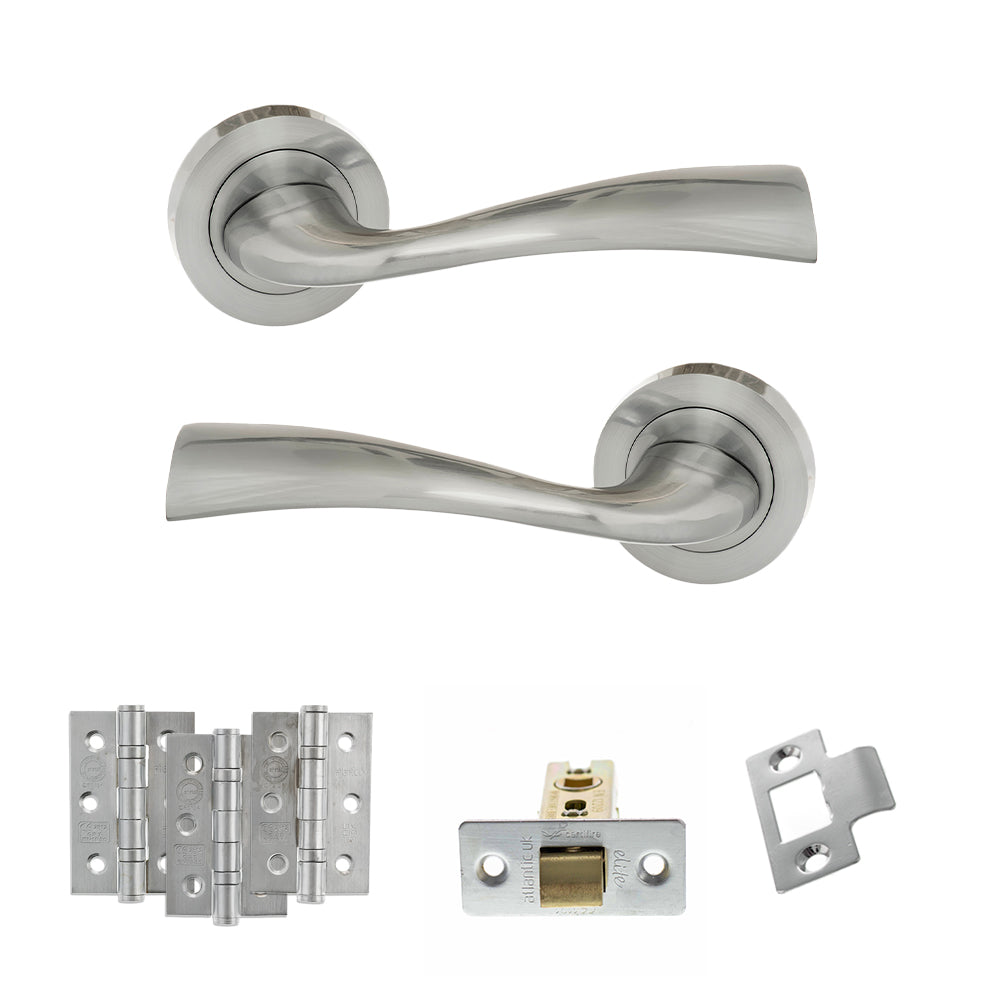 Eco Wave Door Handle Pack (Latch Set - 3" CE Latch, 3" Fire Rated Hinges x3) - Satin Chrome - Default