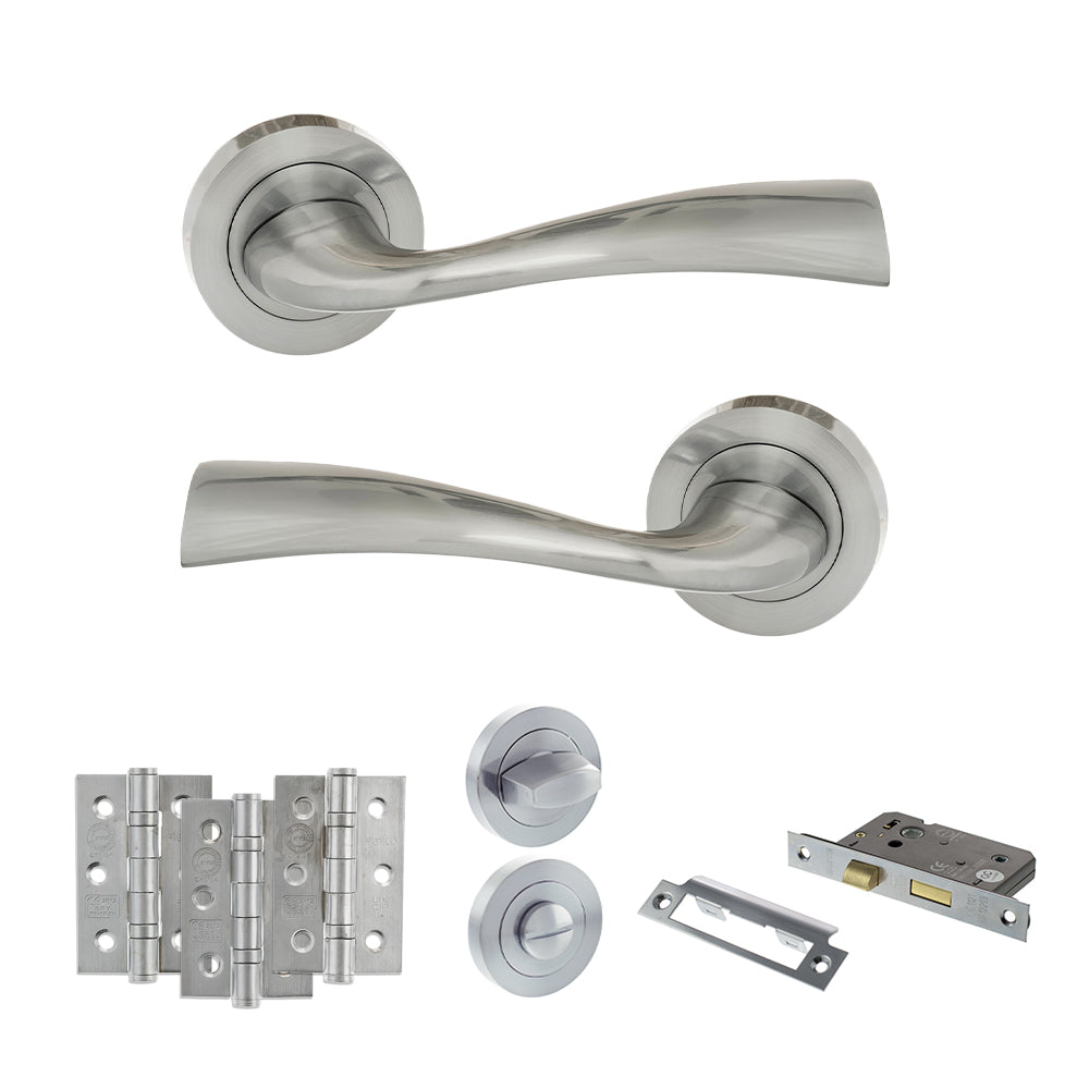 Eco Wave Door Handle Pack (Bathroom Set - 3" CE Bathroom Lock, 3" Fire Rated Hinges x3) - Satin Chrome - Default