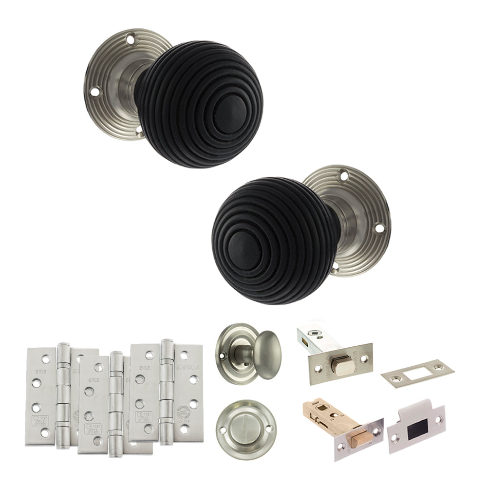 Old English Whitby Door Knob Pack (Bathroom Set - 4" Deadbolt, 4" Fire Rated Hinges x3) - Satin Nickel - Default