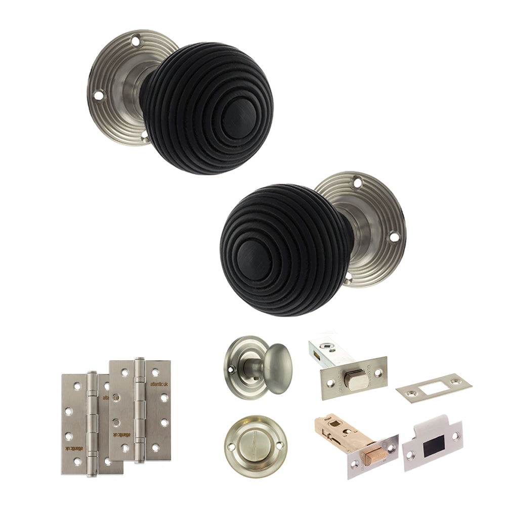 Old English Whitby Door Knob Pack (Bathroom Set - 3" Deadbolt, 4" Slim Knuckle Hinges x2) - Satin Nickel - Default