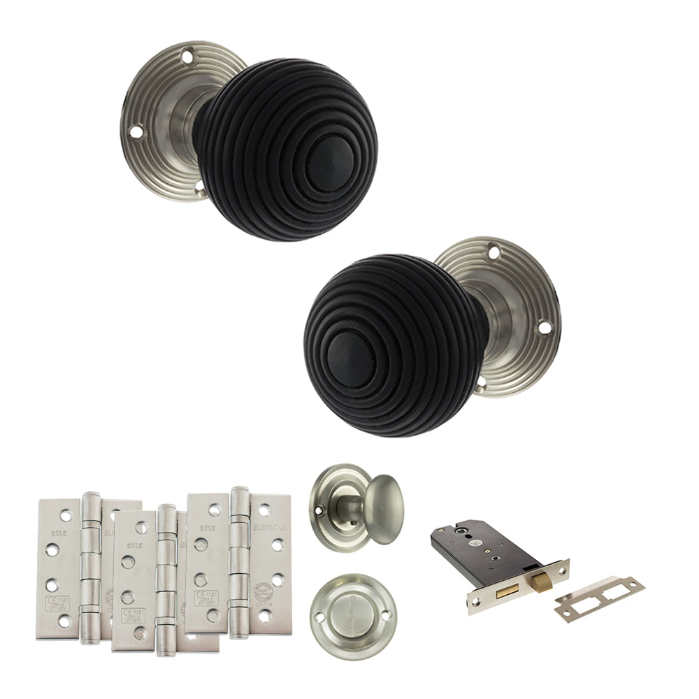 Old English Whitby Door Knob Pack (Lock Set - Horizontal Bathlock, 4" Fire Rated Hinges x3) - Satin Nickel - Default