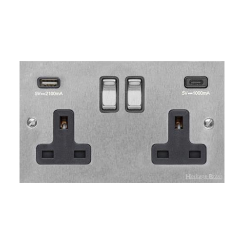 Victorian Elite Range Satin Chrome Switches & Sockets, R03 - 2G 13A Socket with USB-A+C by Heritage Brass By M-Marcus