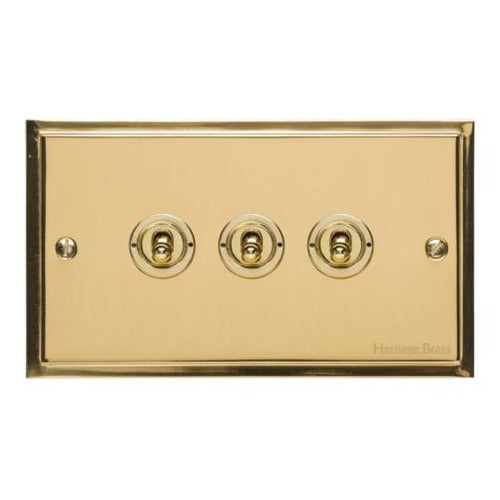 Elite Stepped Plate Range Polished Brass Switches & Sockets, S01 - 3 Gang Toggle Switch by Heritage Brass By M-Marcus