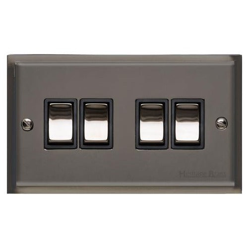 Elite Stepped Plate Range Polished Black Nickel Switches & Sockets, S06 - 4 Gang Rocker Switch by Heritage Brass By M-Marcus