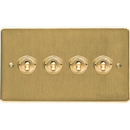 Elite Flat Plate Range Satin Brass Switches & Sockets, T04 - 4 Gang Toggle Switch by Heritage Brass By M-Marcus