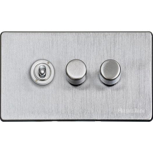 Vintage Range Satin Chrome Switches & Sockets, X03 - 3G Mixed Toggle Dimmer Switch 1xToggle 2xTED by Heritage Brass By M-Marcus