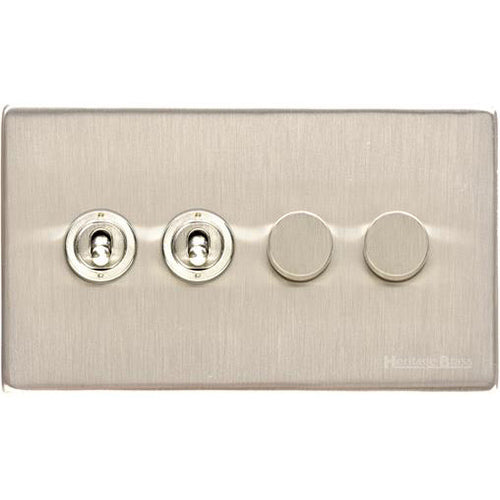 Vintage Range Satin Nickel Switches & Sockets, X05 - 4G Mixed Toggle Dimmer Switch 2xToggle 2xTED by Heritage Brass By M-Marcus