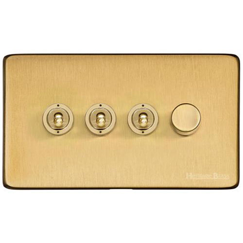 Vintage Range Satin Brass Switches & Sockets, X44 - 4G Mixed Toggle Dimmer Switch 3xToggle 1xTED by Heritage Brass By M-Marcus
