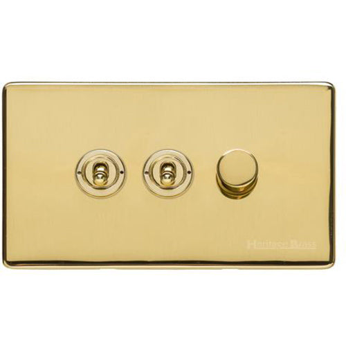 Studio Range Polished Brass Switches & Sockets, Y01 - 3G Mixed Toggle Dimmer Switch 2xToggle 1xTED by Heritage Brass By M-Marcus