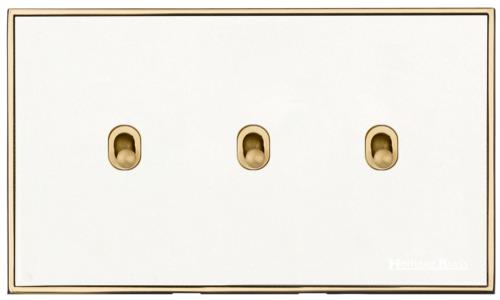 Executive Range Matt White with Polished Brass, EX10 - 3 Gang Stockholm Toggle