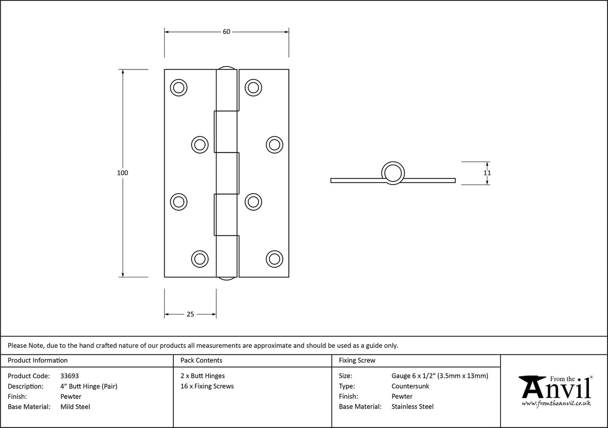Butt Hinge - Large (pair) by From The Anvil