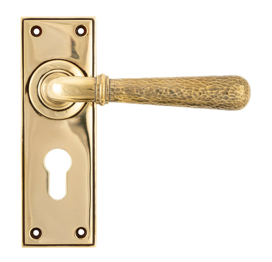From The Anvil's Aged Brass Hammered Newbury Lever Euro Lock Set