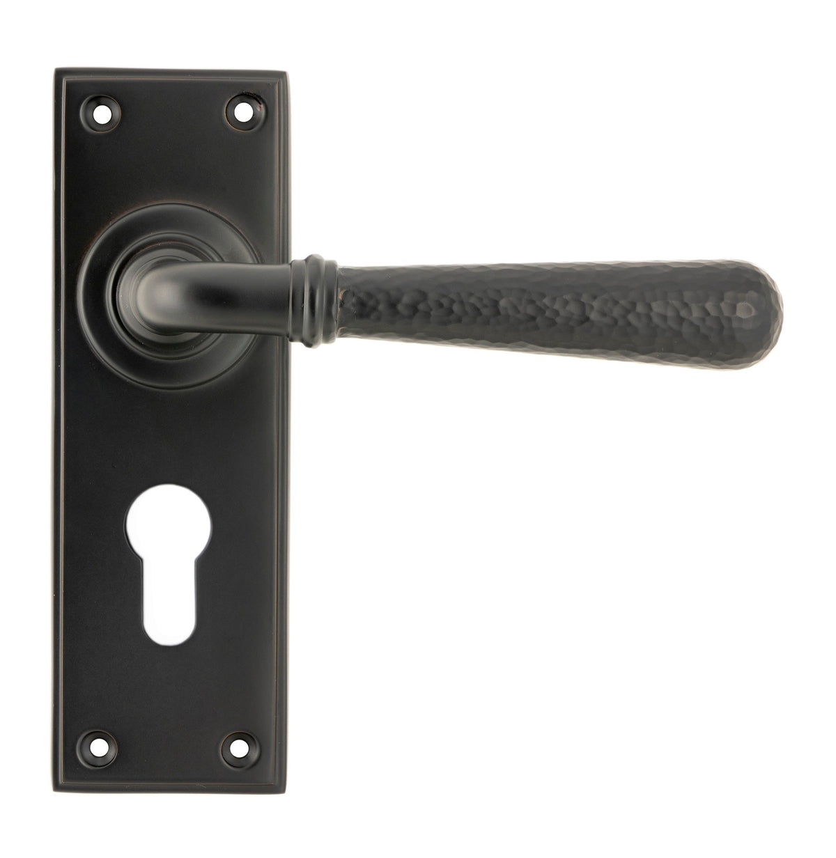 From The Anvil's Aged Bronze Hammered Newbury Lever Euro Lock Set