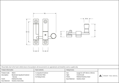 Mushroom Quadrant Fastener - Narrow by From The Anvil
