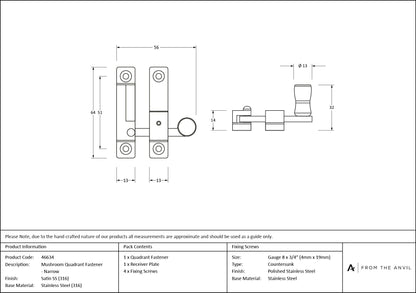 Mushroom Quadrant Fastener - Narrow by From The Anvil