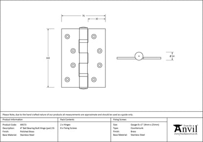 Ball Bearing Butt Hinge (pair) SS by From The Anvil