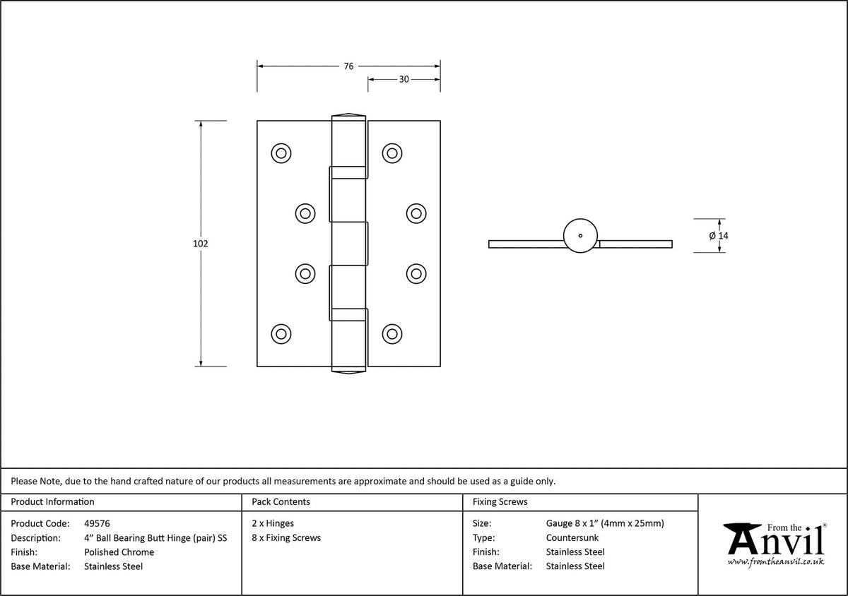 Ball Bearing Butt Hinge (pair) SS by From The Anvil