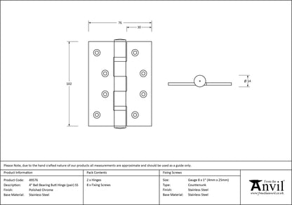 Ball Bearing Butt Hinge (pair) SS by From The Anvil