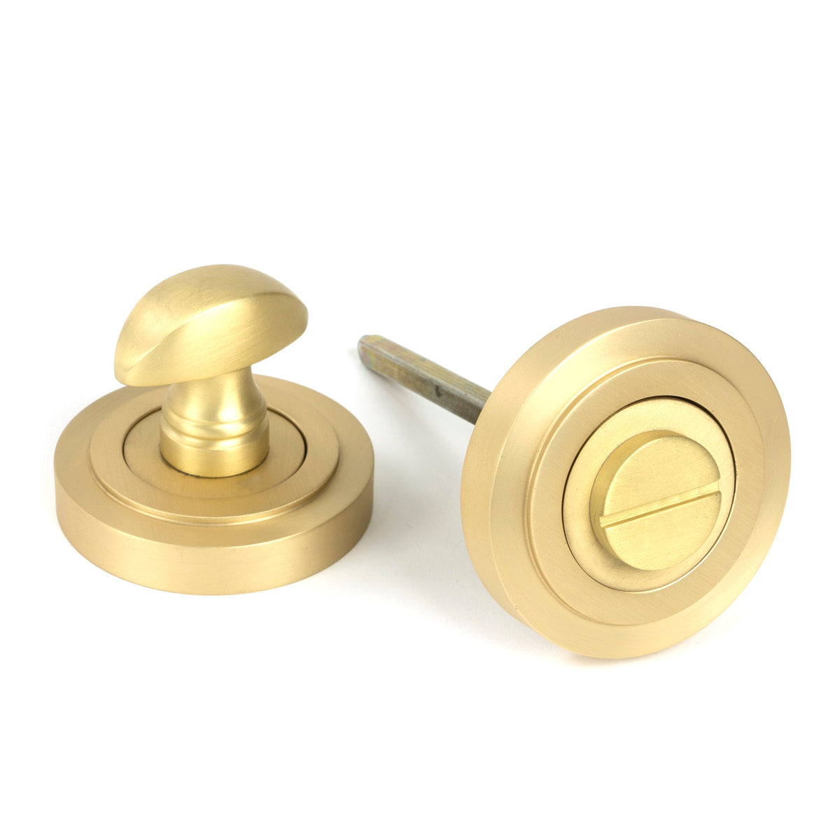 From The Anvil's Satin Brass Round Thumbturn Set