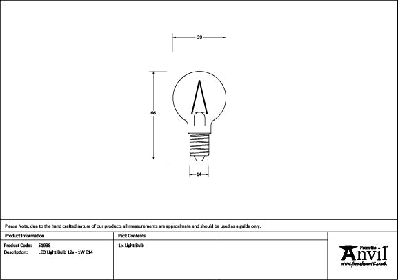 LED Light Bulb 12v - 1W E14 by From The Anvil