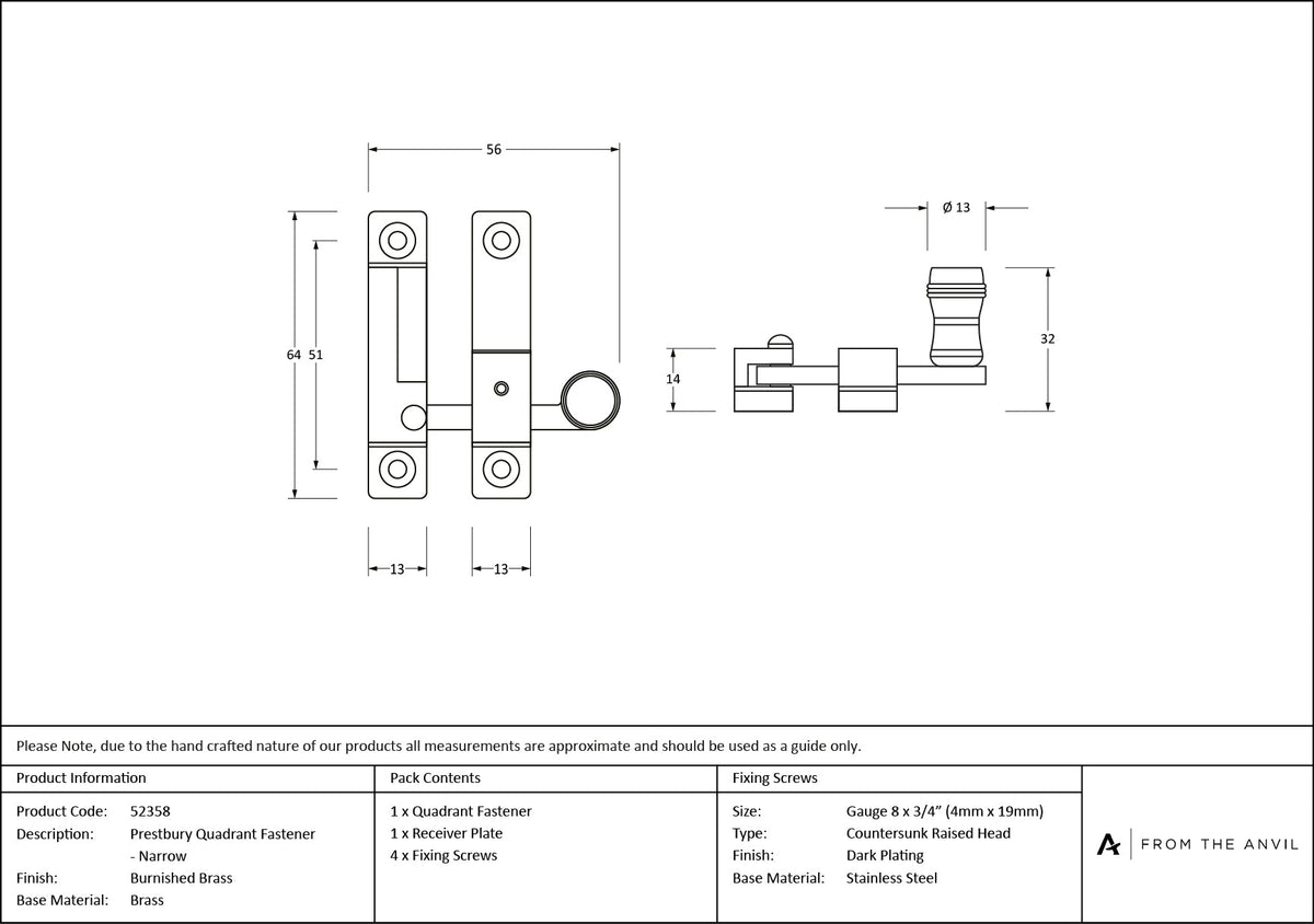 Prestbury Quadrant Fastener - Narrow by From The Anvil