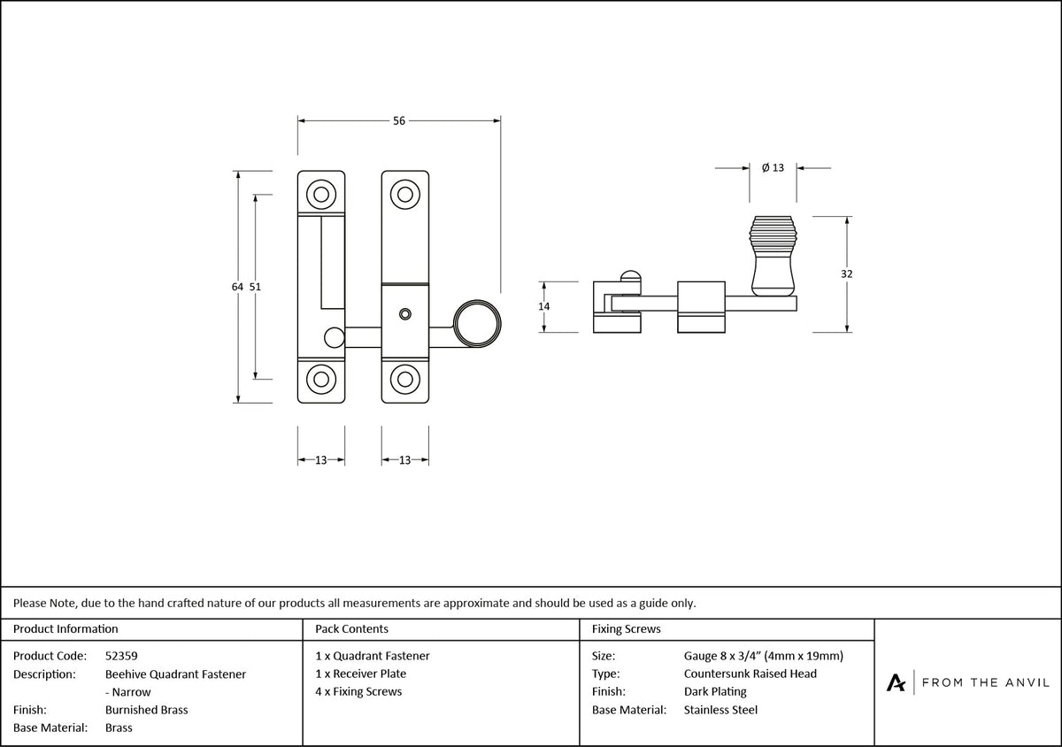 Beehive Quadrant Fastener - Narrow by From The Anvil