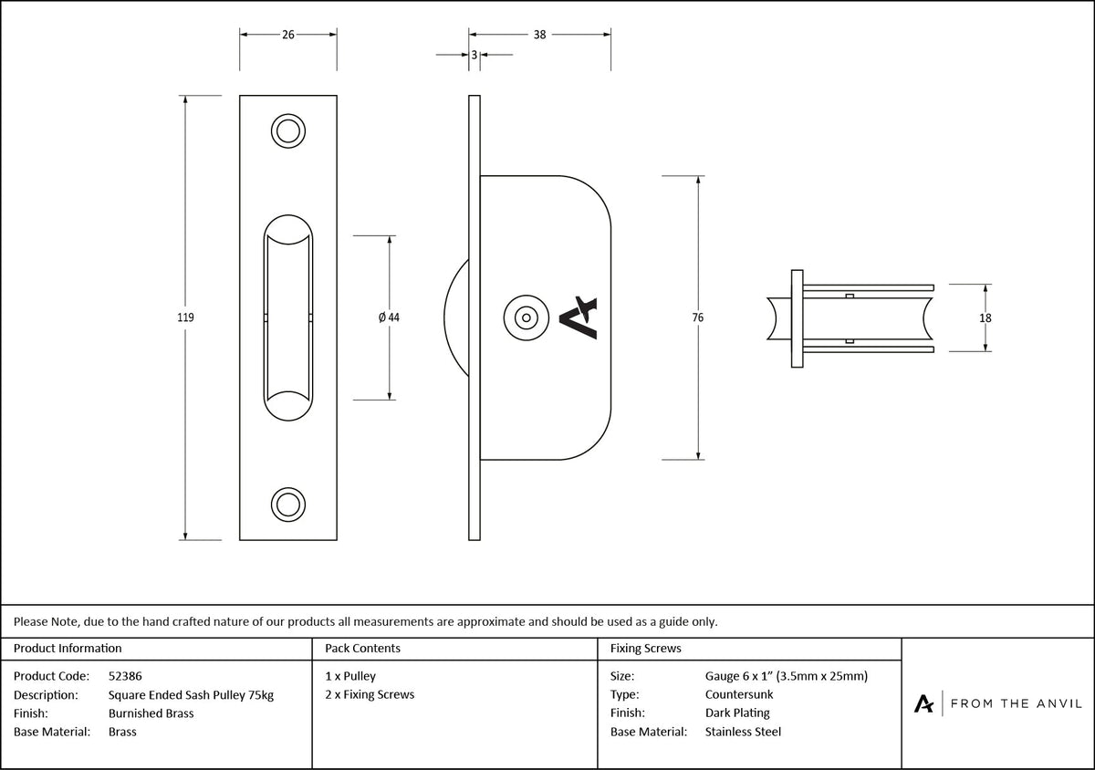 Square Ended Sash Pulley 75kg by From The Anvil