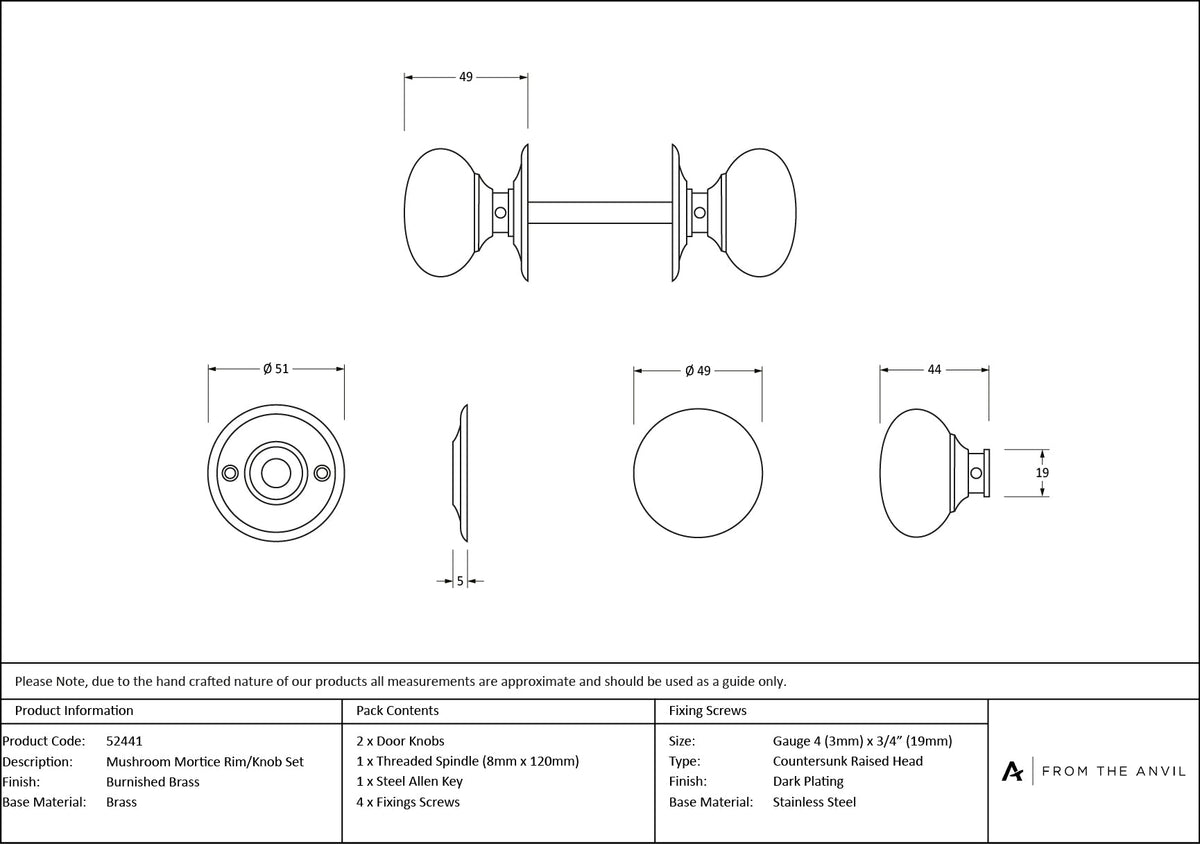Mushroom Mortice/Rim Knob Set by From The Anvil
