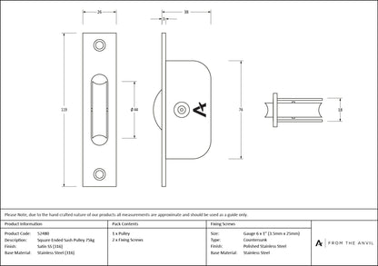 Square Ended Sash Pulley 75kg by From The Anvil