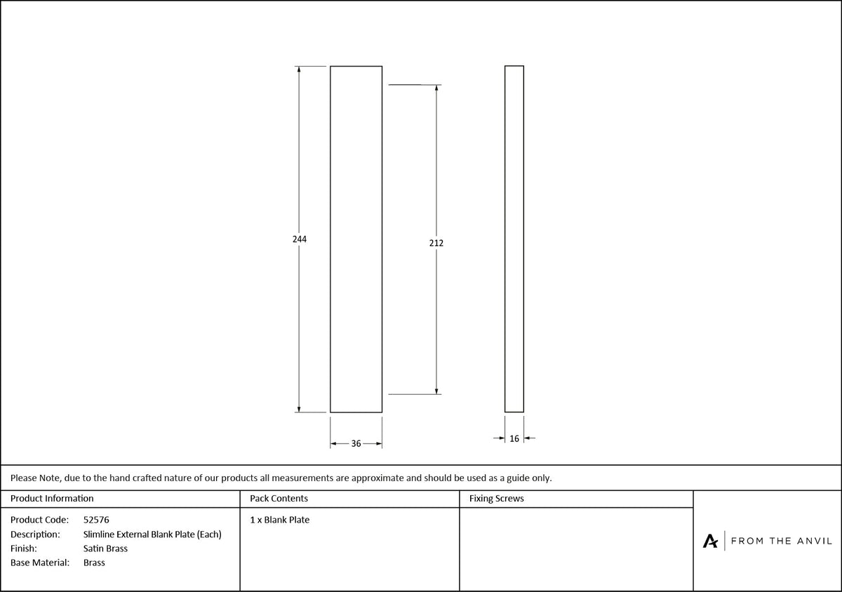 Slimline External Blank Plate (Each) by From The Anvil