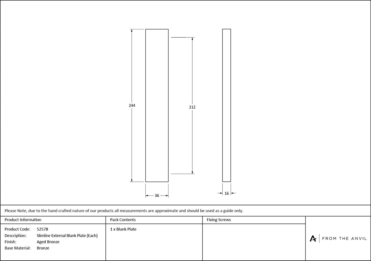 Slimline External Blank Plate (Each) by From The Anvil