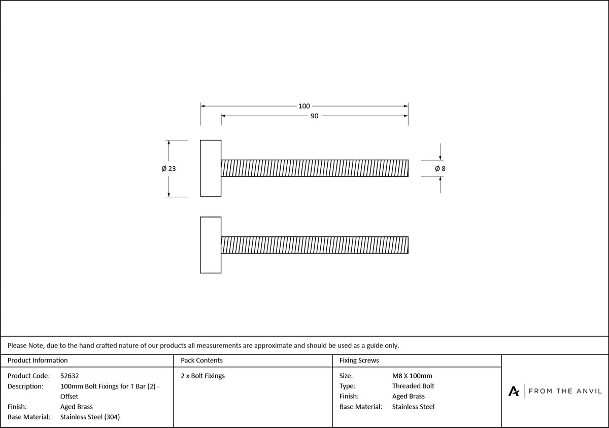 (304) 100mm Bolt Fixings for T Bar (2) - Offset by From The Anvil