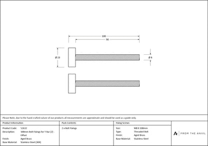 (304) 100mm Bolt Fixings for T Bar (2) - Offset by From The Anvil