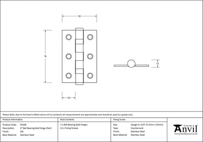 Ball Bearing Butt Hinge (pair) SS by From The Anvil