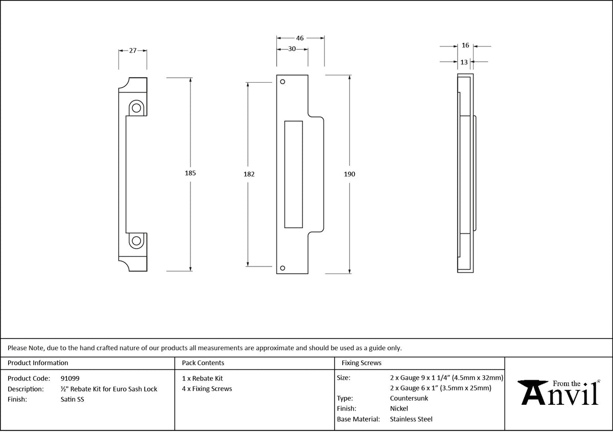 ½" Rebate Kit for Euro Sash Lock by From The Anvil