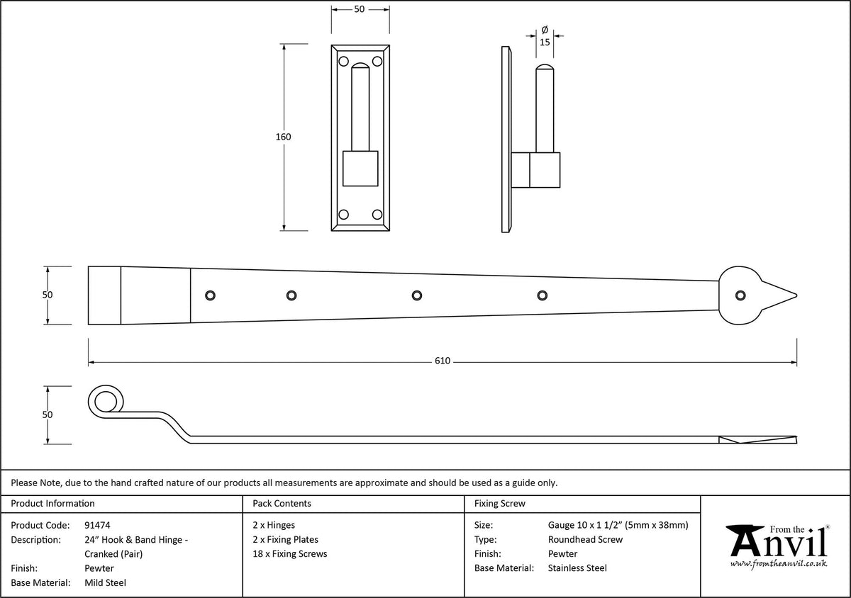 Hook & Band Hinge - Cranked (pair) by From The Anvil