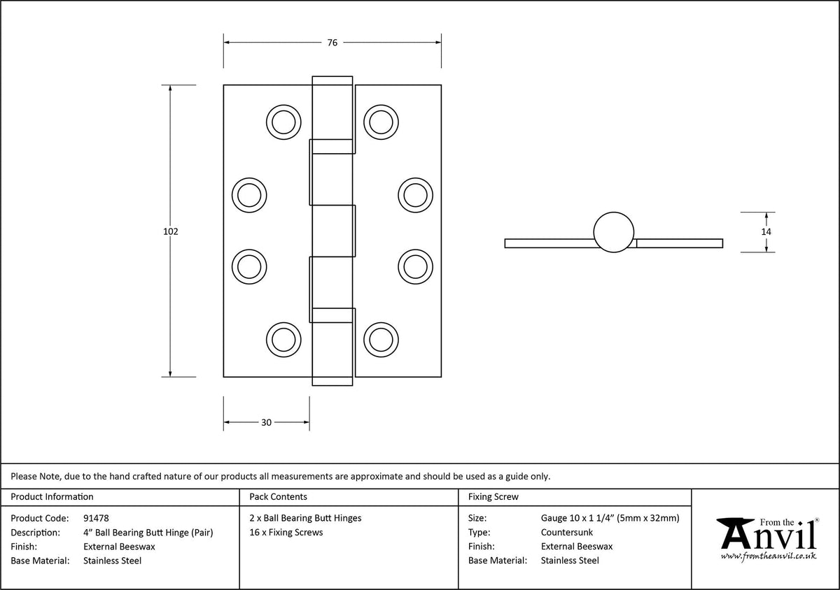 Ball Bearing Butt Hinge (pair) by From The Anvil