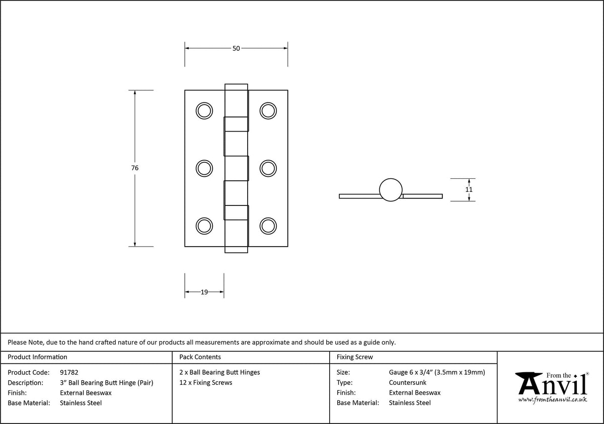 Ball Bearing Butt Hinge (pair) by From The Anvil