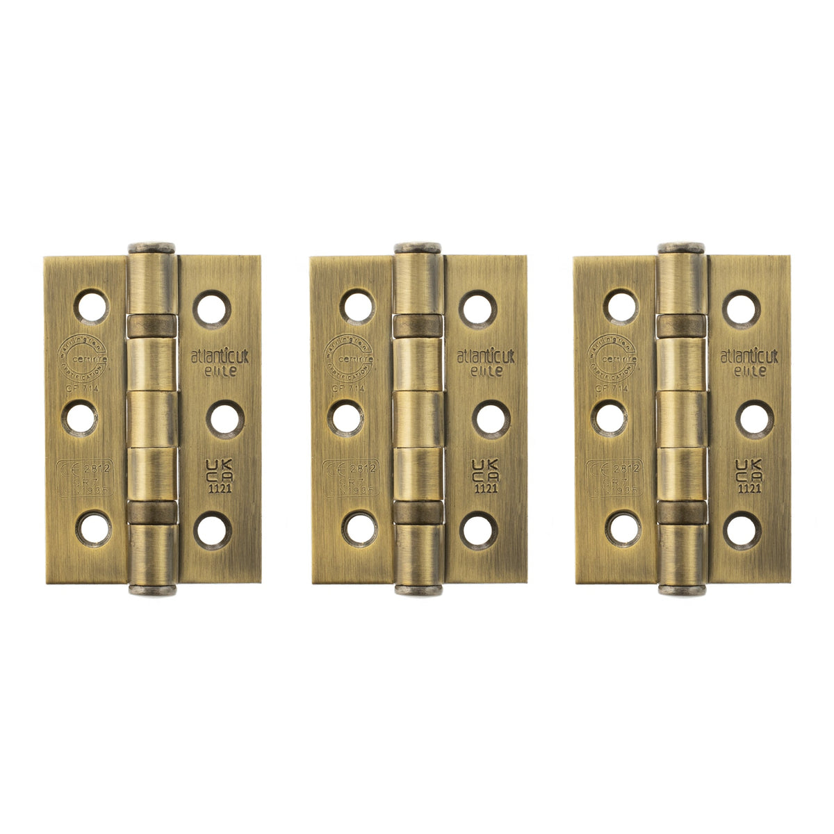 Atlantic CE Fire Rated Grade 7 Ball Bearing Hinges 3" x 2" x 2mm set of 3 - Matt Antique Brass