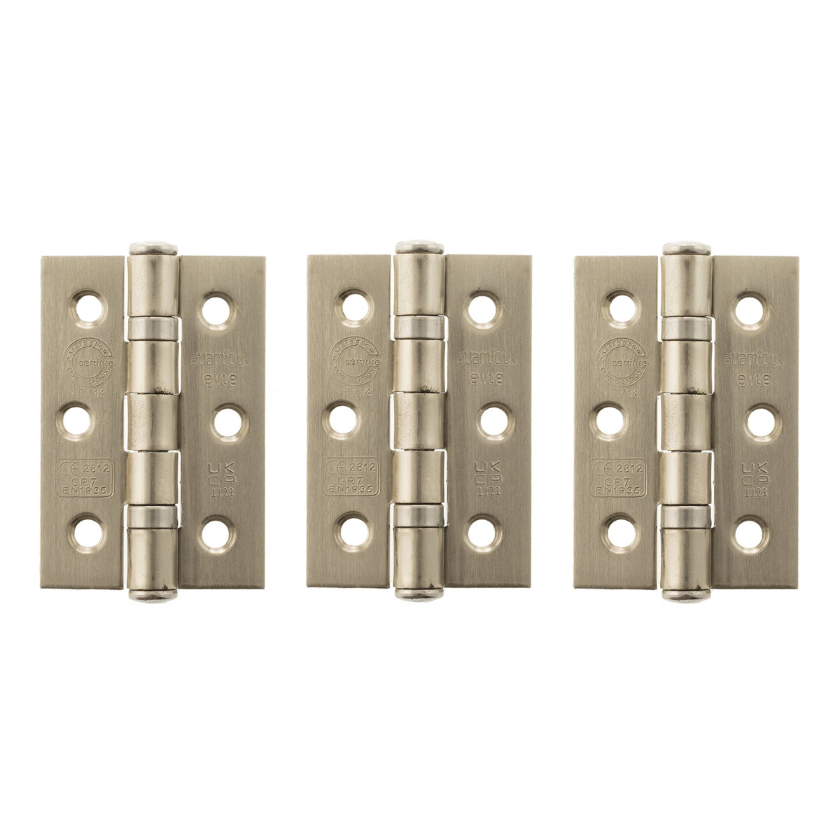 Atlantic CE Fire Rated Grade 7 Ball Bearing Hinges 3" x 2" x 2mm set of 3 - Satin Nickel