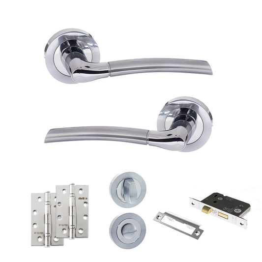 Eco Swell Door Handle Pack (Bathroom Set - 3" CE Bathroom Lock, 4" Slim Knuckle Hinges x2) - Satin Chrome/Polished Chrome - Default