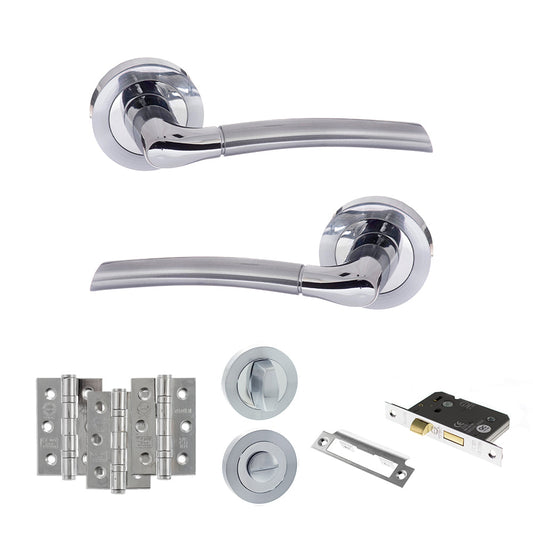 Eco Swell Door Handle Pack (Bathroom Set - 3" CE Bathroom Lock, 3" Fire Rated Hinges x3) - Satin Chrome/Polished Chrome - Default
