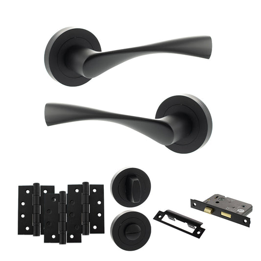 Eco Aqua Door Handle Pack (Bathroom Set - 3" CE Bathroom Lock, 4" Fire Rated Hinges x3) - Matt Black - Default