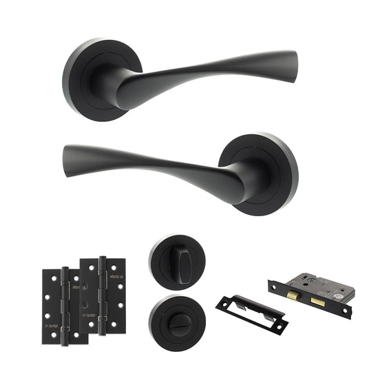 Eco Aqua Door Handle Pack (Bathroom Set - 2.5" CE Bathroom Lock, 4" Slim Knuckle Hinges x2) - Matt Black - Default