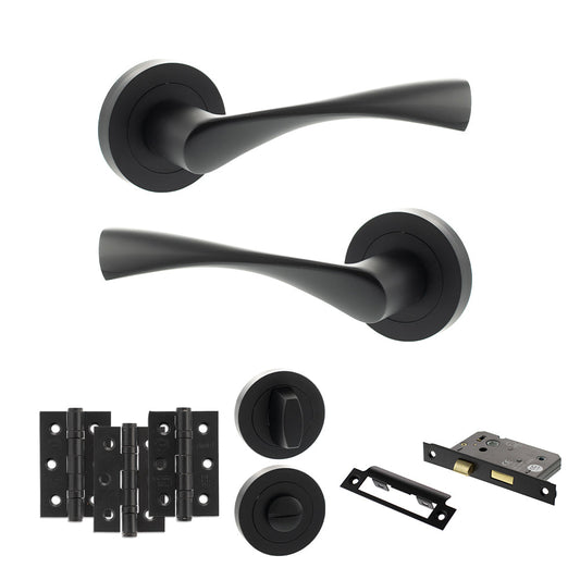 Eco Aqua Door Handle Pack (Bathroom Set - 3" CE Bathroom Lock, 3" Fire Rated Hinges x3) - Matt Black - Default