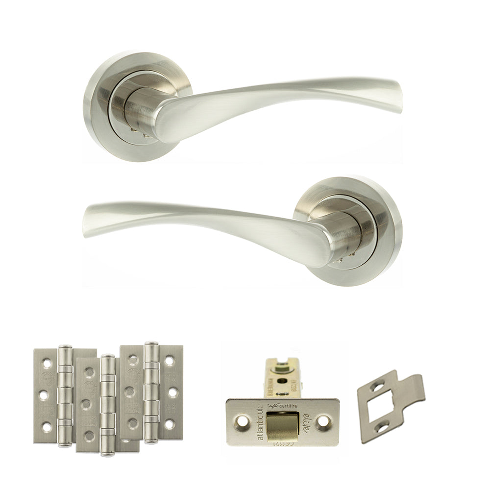 Eco Aqua Door Handle Pack (Latch Set - 2.5" CE Latch, 3" Fire Rated Hinges x3) - Satin Nickel/Nickel Plate - Default