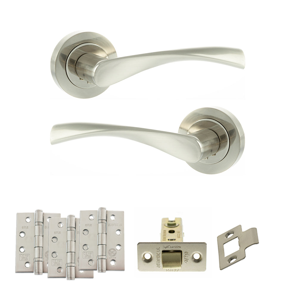 Eco Aqua Door Handle Pack (Latch Set - 3" CE Latch, 4" Fire Rated Hinges x3) - Satin Nickel/Nickel Plate - Default