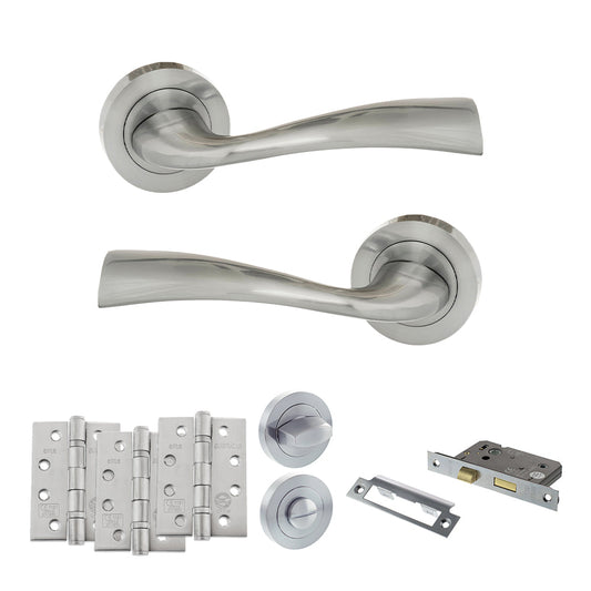Eco Wave Door Handle Pack (Bathroom Set - 2.5" CE Bathroom Lock, 4" Fire Rated Hinges x3) - Satin Chrome - Default