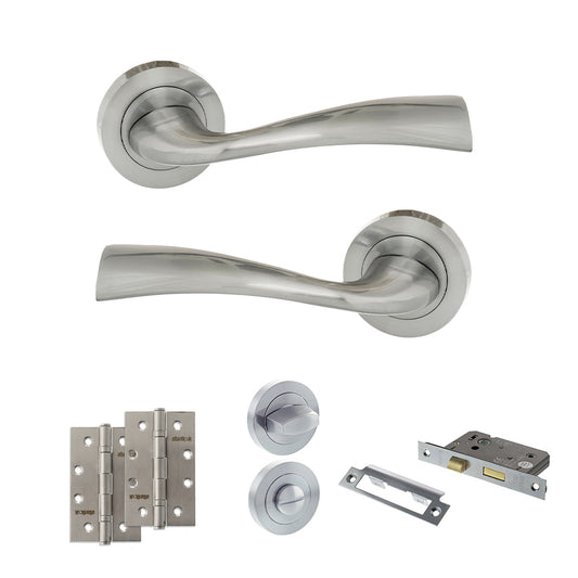 Eco Wave Door Handle Pack (Bathroom Set - 3" CE Bathroom Lock, 4" Slim Knuckle Hinges x2) - Satin Chrome - Default